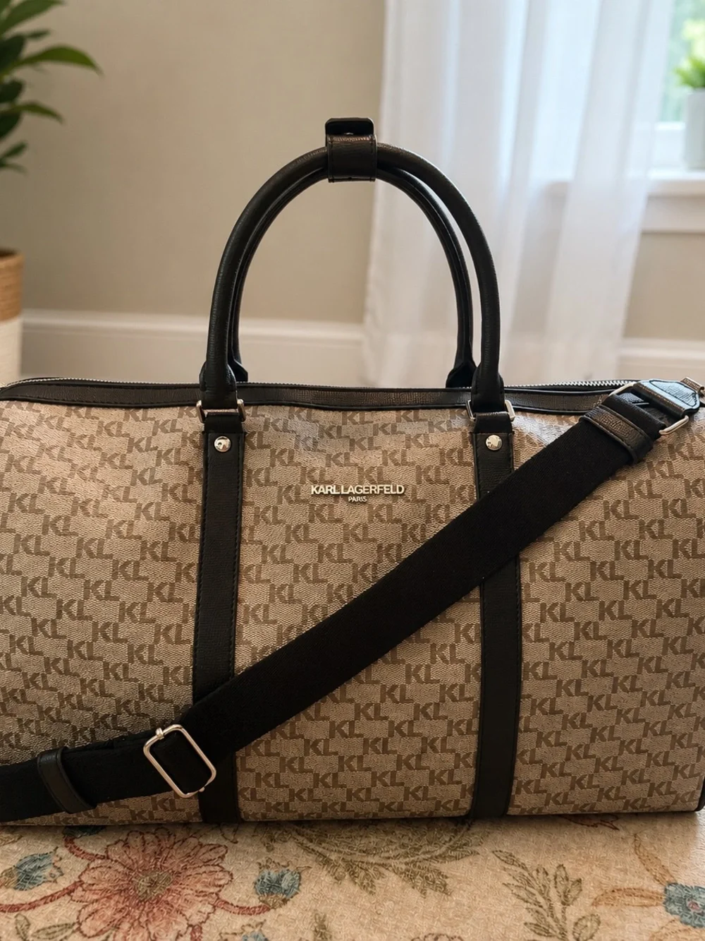 Karl Lagerfeld Beige Monogram Duffel with Black Trim